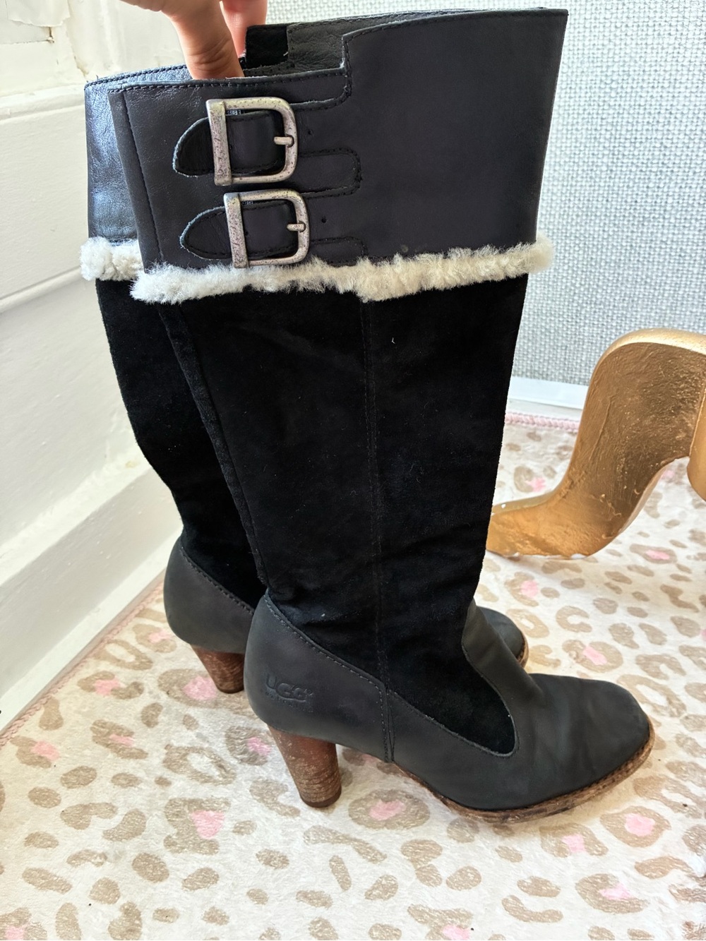 UGG Black Shearling-Trim Buckle Knee Boots
